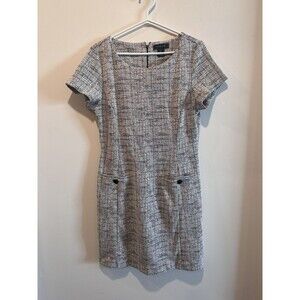 Tahari White Black Crosshatch Print Stretch Sheath Dress Pockets Womens Size 12